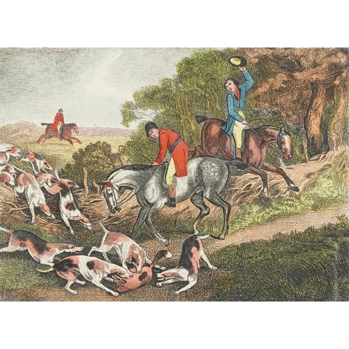 1719 - Foxhunting P5 and P6, two 18th century coloured engravings, unframed, each 29.5cm x 27.5cm