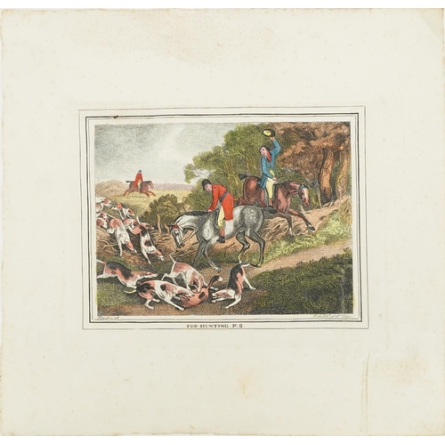 1719 - Foxhunting P5 and P6, two 18th century coloured engravings, unframed, each 29.5cm x 27.5cm