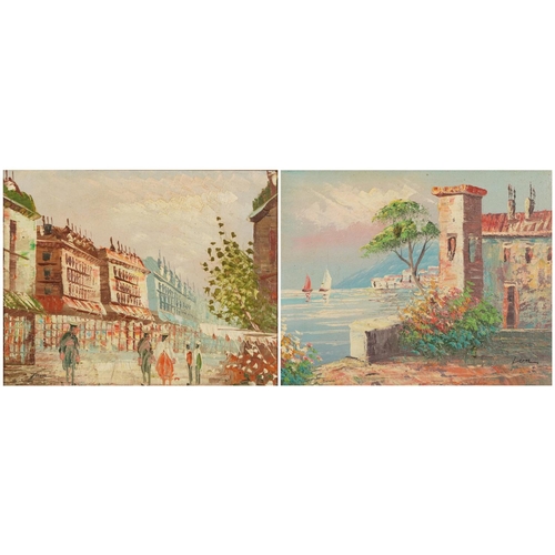 432 - Continental lake scene with villa and street scene with figures, pair of Impressionist impasto oil o... 