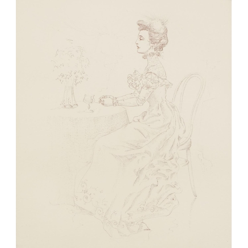 1430 - Seated female in an interior wearing Edwardian dress, print, limited edition 4/175, indistinctly sig... 