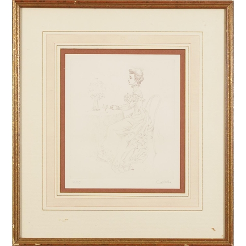 1430 - Seated female in an interior wearing Edwardian dress, print, limited edition 4/175, indistinctly sig... 