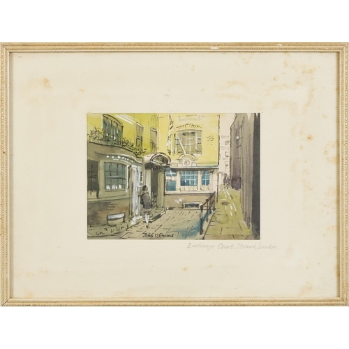 1563 - John V Emms - Exchange Court Strand, London, watercolour, mounted and framed, 15cm x 11cm