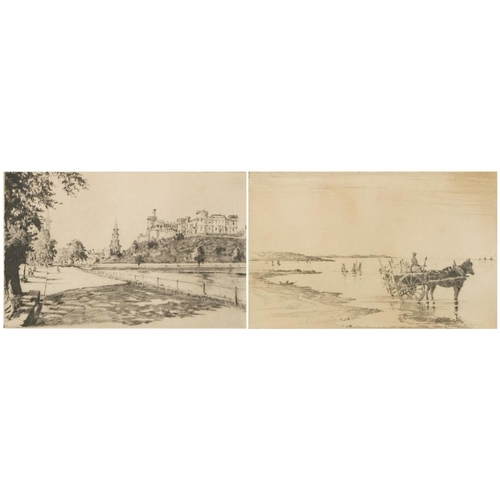 1564 - A Simes - The Cowal Shore, The Clyde and Inverness Castle Scotland, pair of pencil signed etchings, ... 