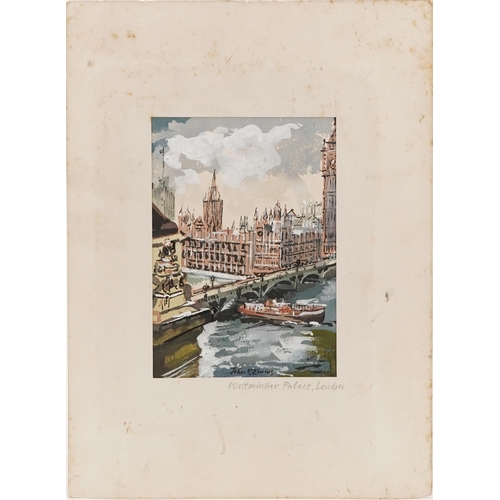 1720 - John Emms - Westminster Palace London, watercolour, mounted, unframed, 16cm x 11cm