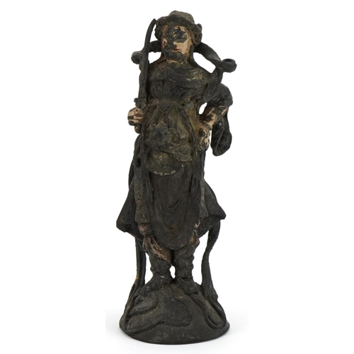 1492 - Chinese lacquered cast metal figure of a warrior with remnants of gilding and paint, 20cm high