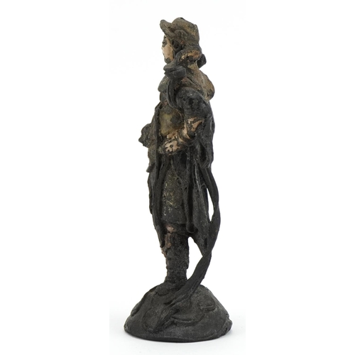 1492 - Chinese lacquered cast metal figure of a warrior with remnants of gilding and paint, 20cm high