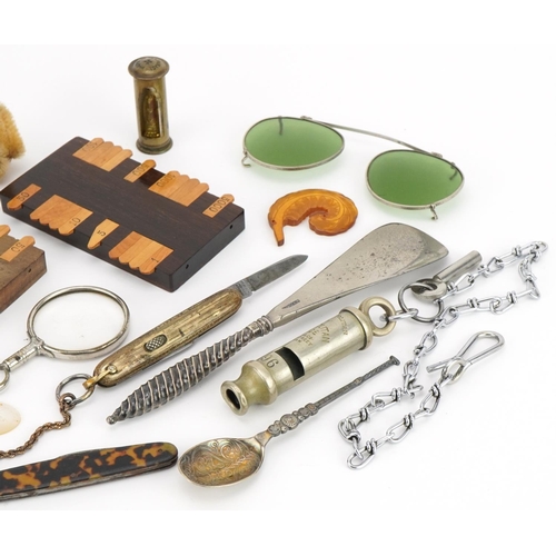 484 - Sundry items including two game markers, Metropolitan Police whistle, Chinese Canton game counters, ... 