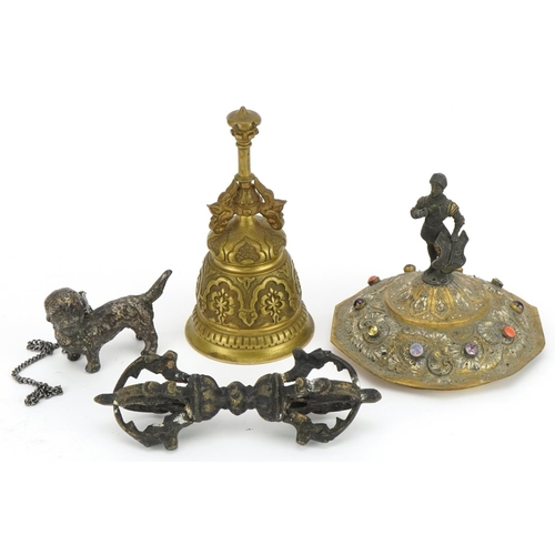 1489 - Antique and later metalware including a Gothic style bell and jewelled gilt metal lid with figural t... 