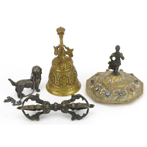 1489 - Antique and later metalware including a Gothic style bell and jewelled gilt metal lid with figural t... 