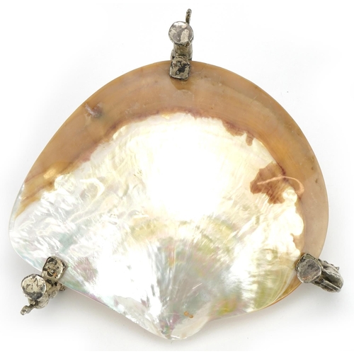 1478 - Mother of pearl dish raised on three silver plated mounts in the form of rearing horses, 19cm wide