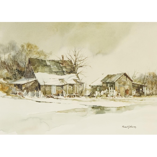 1512 - Brian R Johnson - Outbuildings in winter, ink and watercolour, mounted, framed and glazed, 43cm x 31... 