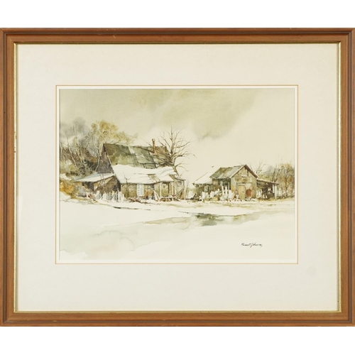 1512 - Brian R Johnson - Outbuildings in winter, ink and watercolour, mounted, framed and glazed, 43cm x 31... 