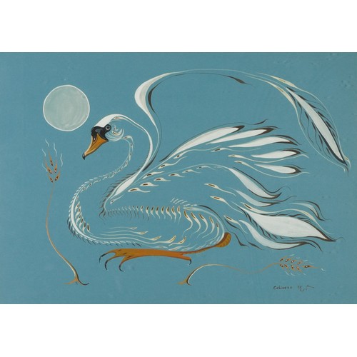 1584 - Eddy Cobiness 1978 - Swan before moonlight, watercolour, mounted, framed , 70cm x 50cm excluding the... 