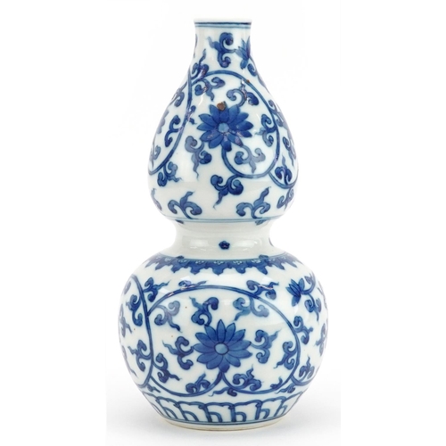 1375 - Chinese blue and white porcelain double gourd vase hand painted with flower heads amongst scrolling ... 