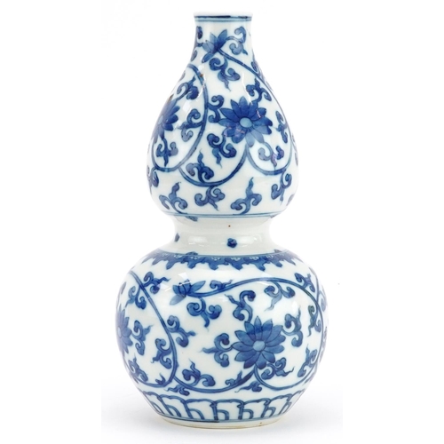 1375 - Chinese blue and white porcelain double gourd vase hand painted with flower heads amongst scrolling ... 