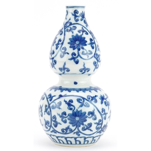 1375 - Chinese blue and white porcelain double gourd vase hand painted with flower heads amongst scrolling ... 