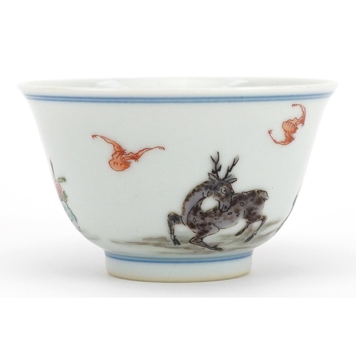 368 - Chinese doucai porcelain tea bowl hand painted in the famille rose palette with an emperor, attendan... 