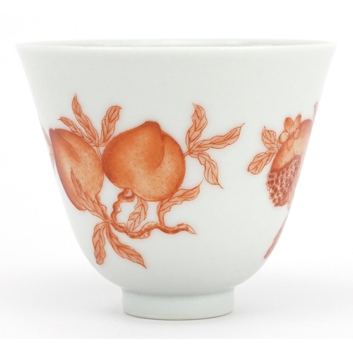 154 - Chinese porcelain tea bowl hand painted in iron red with fruit and flowers, six figure iron red char... 