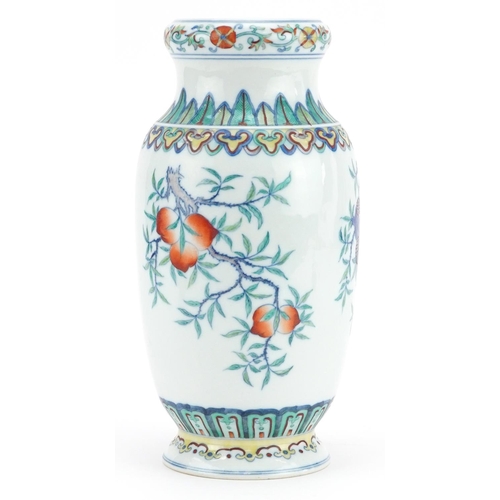 416 - Chinese doucai porcelain vase hand painted with fruit, six figure character marks to the base, 24cm ... 
