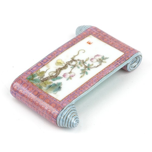 156 - Chinese porcelain scholar's wrist rest in the form of a scroll hand painted in the famille rose pale... 