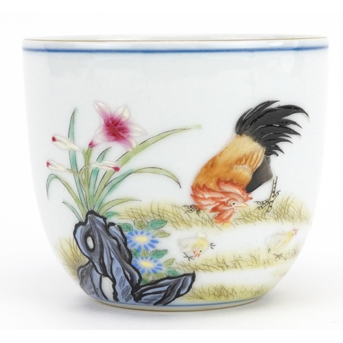 1579 - Chinese porcelain tea bowl hand painted with chickens amongst flowers in a landscape, six figure cha... 