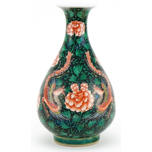 1652 - Chinese porcelain vase hand painted in the famille noire palette with phoenixes amongst flowers, six... 