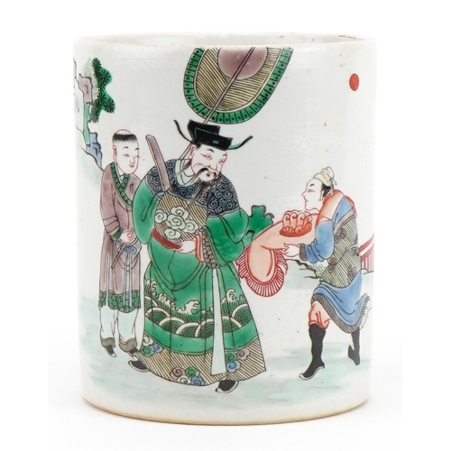 1377 - Chinese porcelain cylindrical brush pot hand painted in the famille verte palette with an emperor an... 