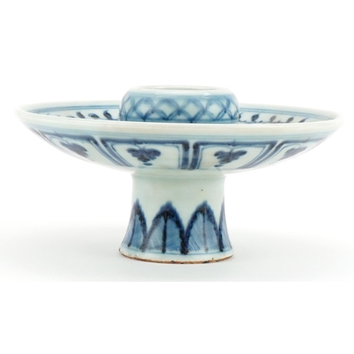 1613 - Chinese blue and white porcelain stem dish hand painted with flowers, 17.5cm in diameter