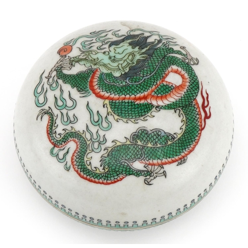 1651 - Chinese porcelain bun box and cover hand painted in the famille verte palette with a dragon chasing ... 