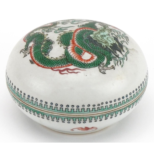 1651 - Chinese porcelain bun box and cover hand painted in the famille verte palette with a dragon chasing ... 