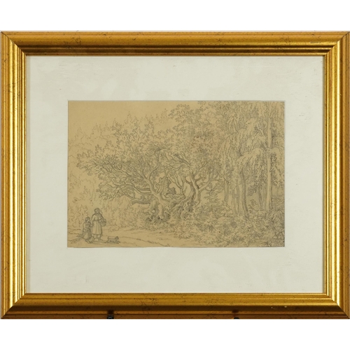 3056 - Attributed to Hans Knochl - Wooded landscape with mother and child, Pre Raphaelite school pencil and... 
