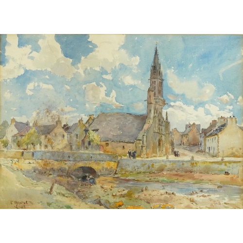 3053 - Village scene with bridge over stream and church, indistinctly signed, possibly L'Honitae?, watercol... 