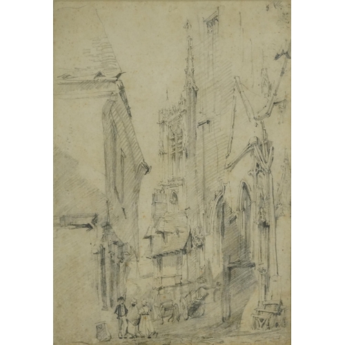 3057 - John Burgess - French street scene with cathedral, 19th century preliminary pencil sketch, inscribed... 