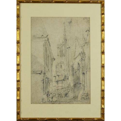 3057 - John Burgess - French street scene with cathedral, 19th century preliminary pencil sketch, inscribed... 