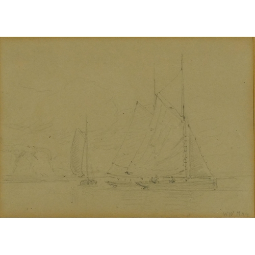 3071 - Walter William May - Sailing boats with figures, pencil, mounted, framed and glazed, 16.5cm x 12cm e... 