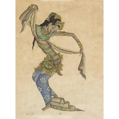 3052 - Figures dancing, pair of Balinese watercolours, mounted, framed and glazed, each 33.5cm x 25cm exclu... 