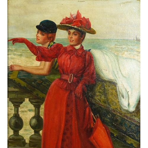 3043 - Two females wearing Edwardian dress before a coastal landscape, oil on board, mounted and framed, 43... 