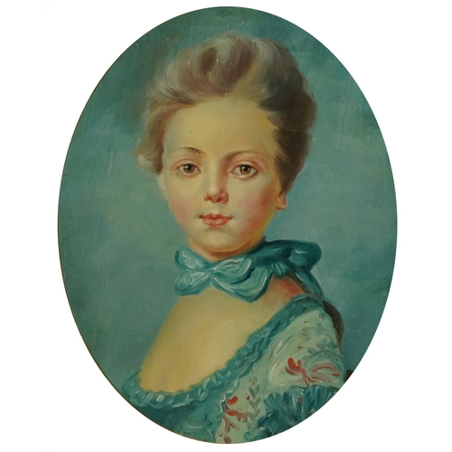 3027 - Head and shoulders portrait of a young girl wearing 18th century dress, French school oval oil, moun... 
