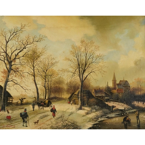 3127 - Dutch winter landscape with figures before a church, oil on board, mounted and framed, 52.5cm x 41cm... 