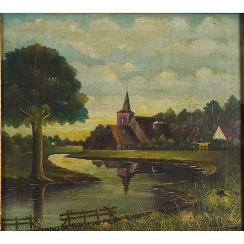 3005 - Continental river landscape with church and trees, oil on canvas laid on board, mounted, framed and ... 