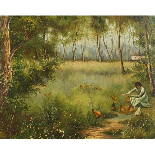 3143 - After George Boyle - Female feeding chickens before trees, oil on board, mounted and framed, 50cm x ... 