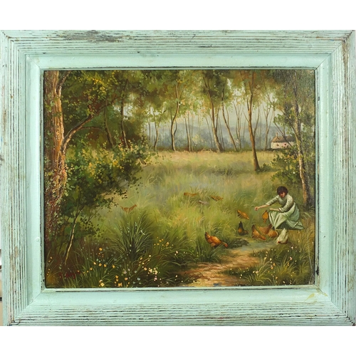 3143 - After George Boyle - Female feeding chickens before trees, oil on board, mounted and framed, 50cm x ... 