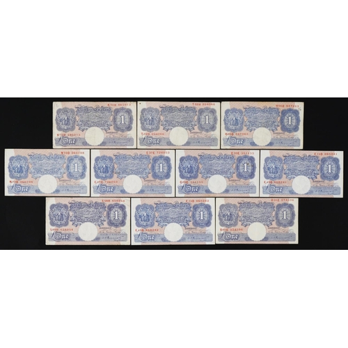 858 - Ten Bank of England one pound notes, Chief Cashier K O Peppiatt, various serial numbers