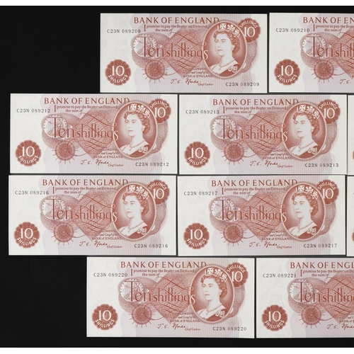 857 - Fourteen Elizabeth II Bank of England ten shilling banknotes with consecutive serial numbers, C23N 0... 