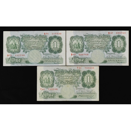 851 - Three Bank of England one pound notes, Chief Cashiers C P Mahon and B S Catterns, various serial num... 