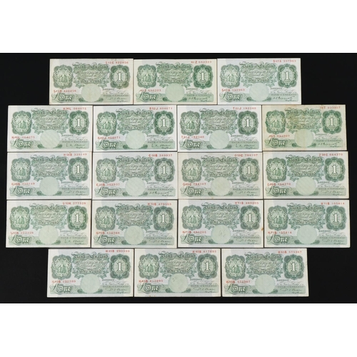 859 - Eighteen Bank of England one pound notes, various Chief Cashiers and serial numbers