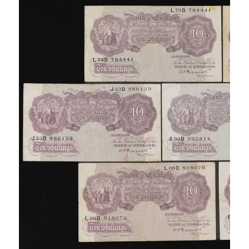 856 - Seven Bank of England ten shilling notes, each Chief Cashier K O Peppiatt, various serial numbers