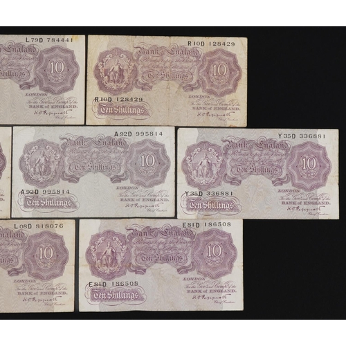 856 - Seven Bank of England ten shilling notes, each Chief Cashier K O Peppiatt, various serial numbers