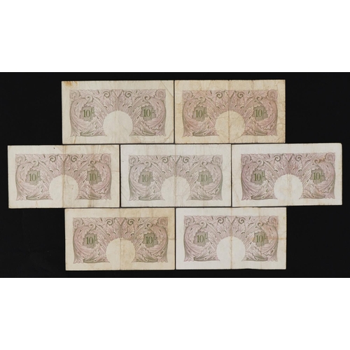 856 - Seven Bank of England ten shilling notes, each Chief Cashier K O Peppiatt, various serial numbers