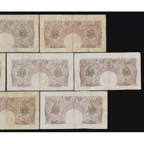 856 - Seven Bank of England ten shilling notes, each Chief Cashier K O Peppiatt, various serial numbers